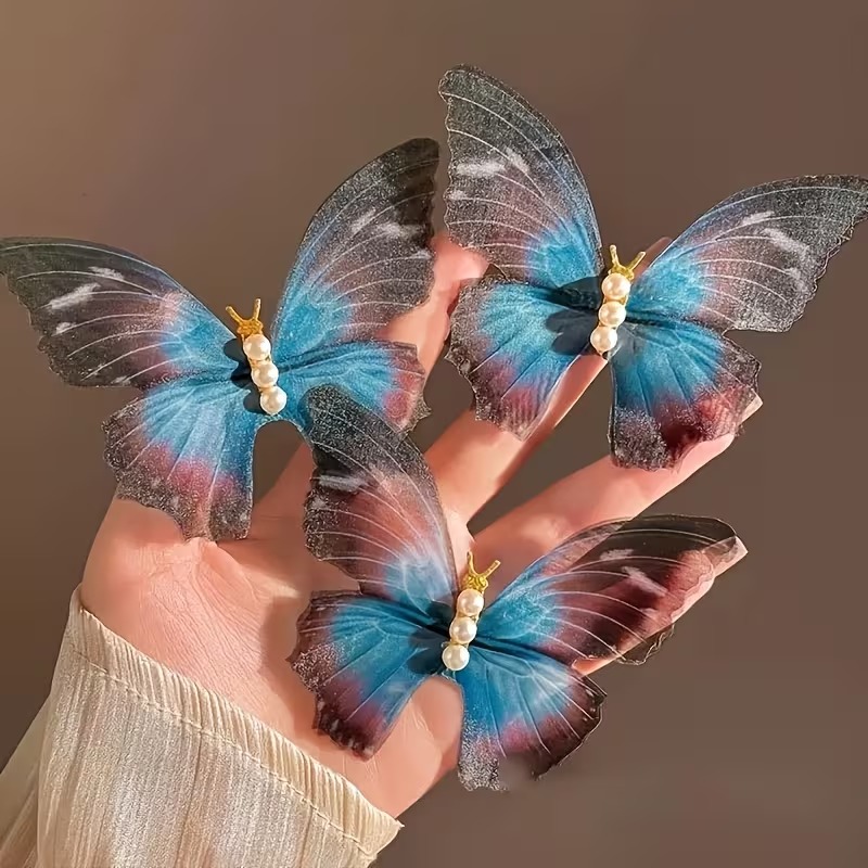 3-Piece Tulle Butterfly Pearl Hair Clip