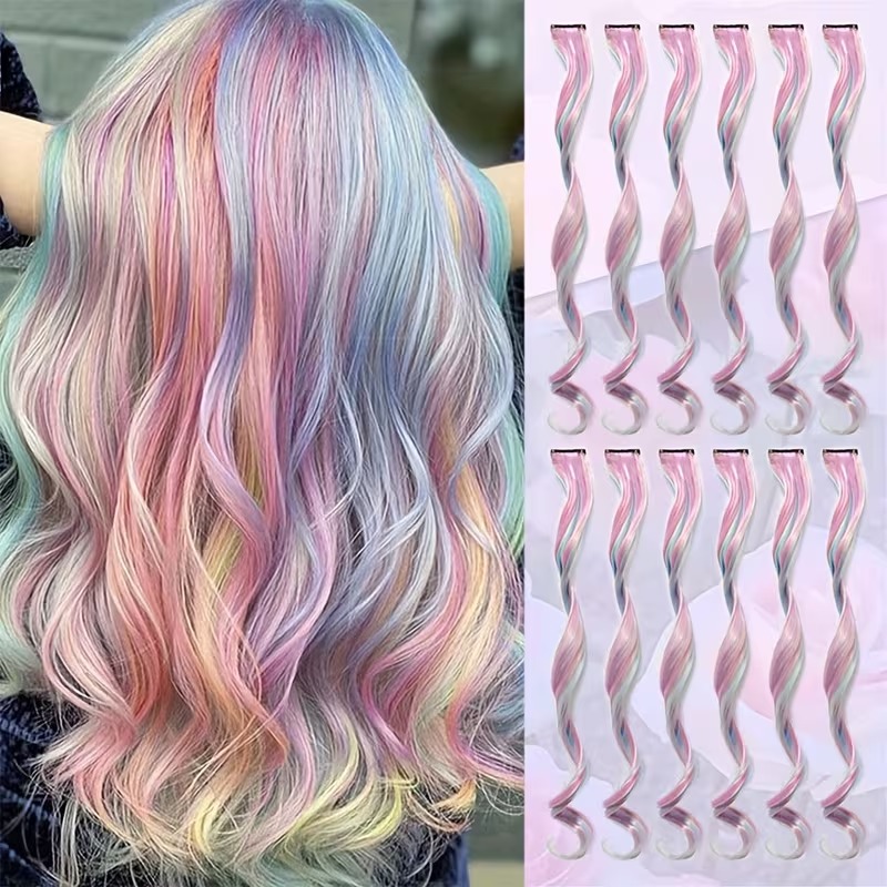 12 Pcs Pastel Rainbow Clip-In Hair Extensions