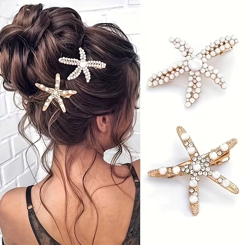 2-Piece Faux Pearl Starfish Hair Clip