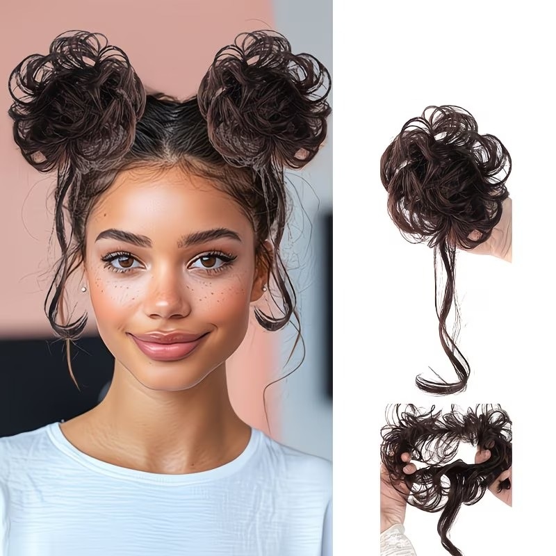 2 Pcs Dark Brown Curly Messy Bun Hairpiece